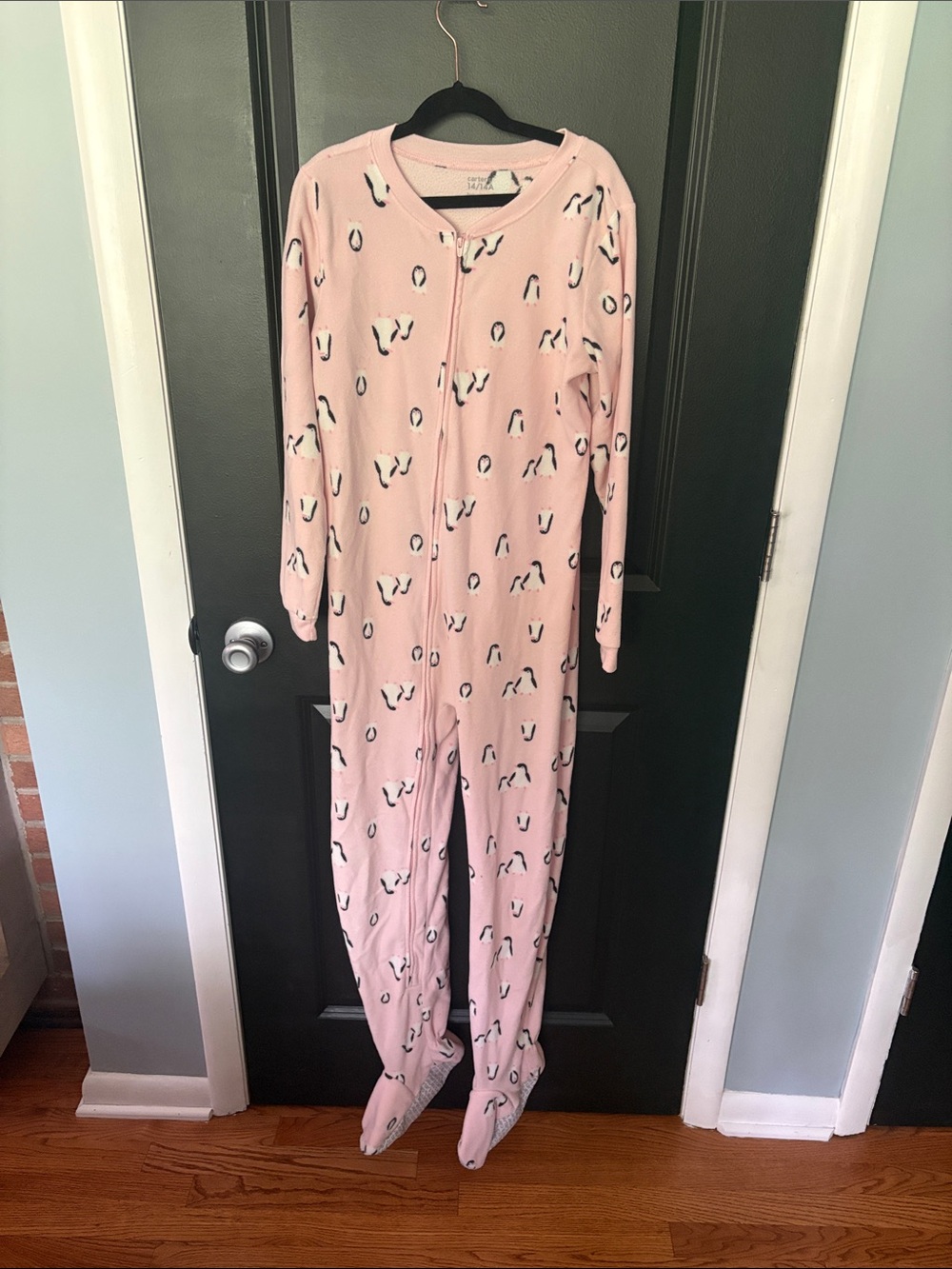 Carters size 14 fleece footed pajamas pink with penguins